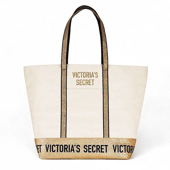 Victorias Secret Gold Sparkle Weekender Tote Bag NWT - Picture 1 of 8